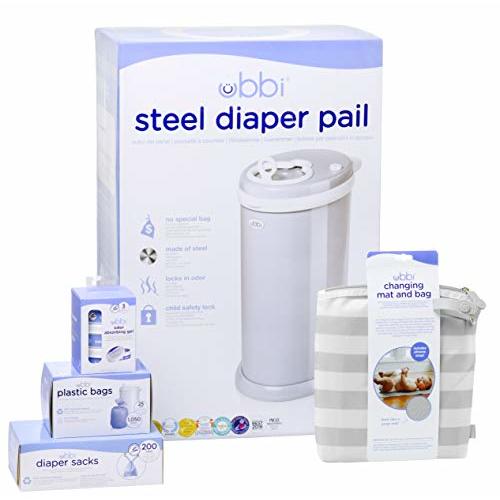 Ubbi Diaper Changing Value Gift Set, Baby Registry Gift, Includes Gray Diaper Pail, Absorbing Gels, Travel Changing Mat & Bag, Diaper Pail Waste Bags and On-the-Go Waste Sacks