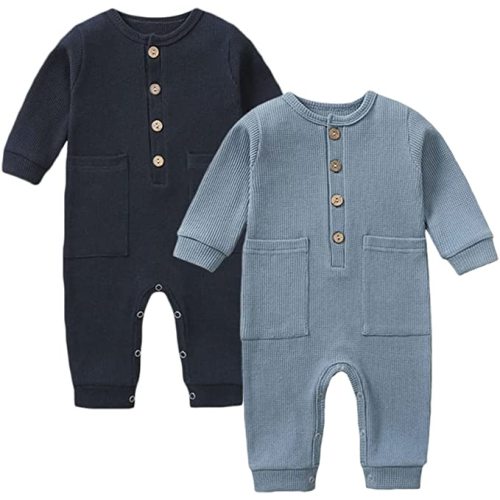 Yookoom Baby Boys Girls 2 Pack Solid Romper Waffle Long Sleeve One-Piece Cotton Jumpsuit Outfits Clothes - Blue+dark Blue - 12-18M