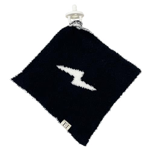 Lightning Bolt Baby Lovey Pacifier Holder 10"x10" - Cuddly Soft Knitted Soothie Reversible Mini Security Blanket - Snuggle Newborn Gift Essential for Babies Boys and Girls (Black/White)