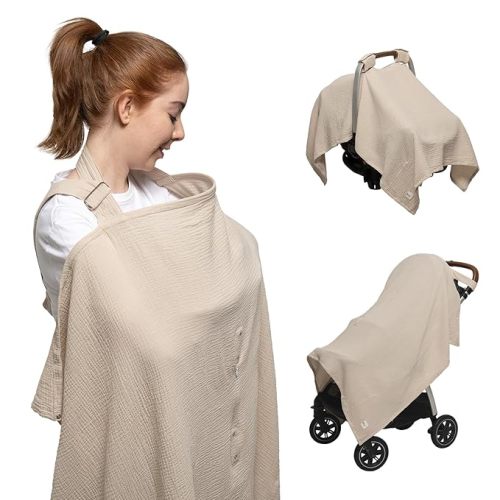 Nilsa 5-in-1 Muslin Nursing Cover up for Breastfeeding & Baby Car Seat Cover - Breathable Breastfeeding Cover With Rigid Hoop - 100% Cotton Privacy Apron Breast Feeding Covers For Women (Ecru)