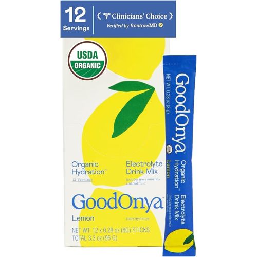 GOODONYA Organic Hydration Electrolyte Drink Mix, Certified Organic Hydration Powder, Non-GMO, Biochecked Glyphosate Free, Low Sugar, Lemonade Flavor, No Artificial Flavors,12 Stick Packs