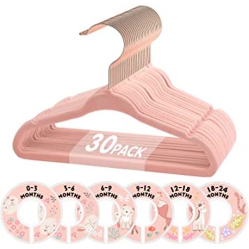 Baby Hangers, VIS'V 11 Inch Pink Velvet Kids Hangers with 6 Pcs Size Dividers Non Slip Nursery Children Closet Clothes Hangers for Infant Toddler Girls & Boys - 30 Pack