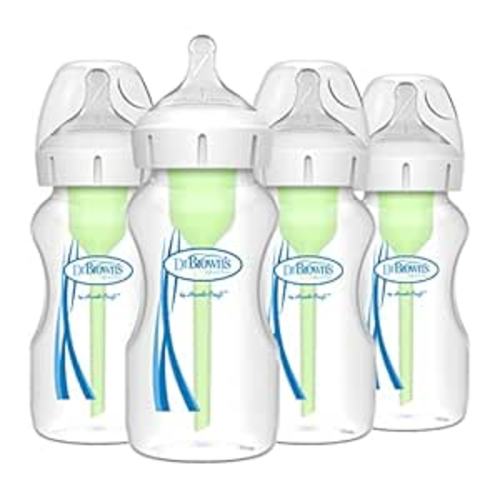 Dr. Brown's Natural Flow Anti-Colic Options+ Wide-Neck Baby Bottles 9 oz/270 mL, with Level 1 Slow Flow Nipple, 4 Count, 0m+