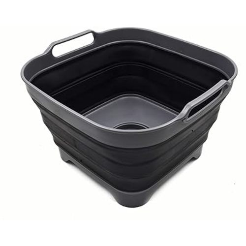 SAMMART 10L (2.64 Gallon) Collapsible Dishpan with Draining Plug - Foldable Washing Basin - Portable Dish Washing Tub - Space Saving Kitchen Storage Tray (1, Grey/Black)