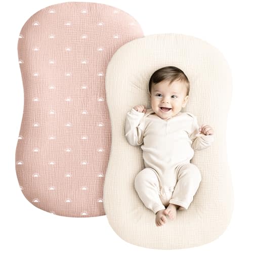 Konssy Muslin Baby Lounger Cover 2 Pack, 100% Cotton Newborn Lounger Cover, Soft and Breathable Lounger Slipcover for Boys Girls, Covers Only (Oat,Pink Sun)