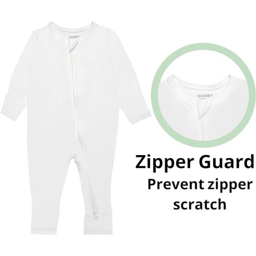 GUISBY Baby Pajamas with Mitten Cuffs - 3Pcs Girls Boys 2 Way Zipper Long Sleeve Rayon Sleepers - Oatmeal-cream-light Blue - 0-3 Months