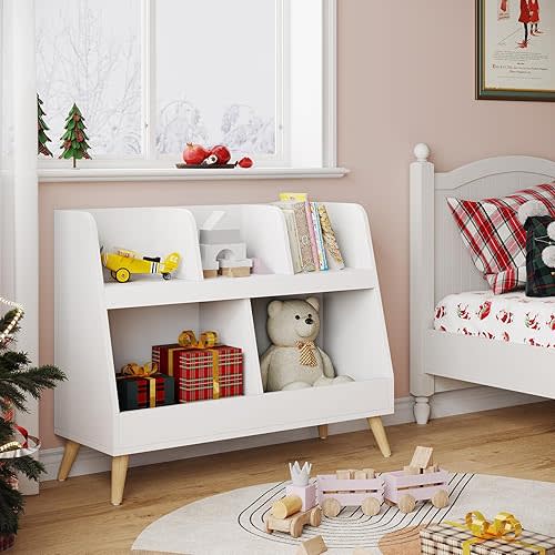Kids Wooden Bookshelf, 5 Cubbies Open Toy Storage Organizer, 2 Tier Baby Bookcase with Legs, Free Standing Small Bookshelf for Nursery, Playroom, Bedroom and Classroom, White