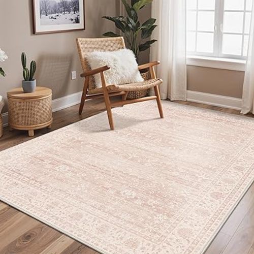 BESBLEE 5X7 Pink Area Rug for Living Room, Washable Non Slip Rug