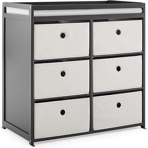 Delta Children Hayes Changing Table and Dresser for Bedroom with 6 Fabric Drawers, Charcoal Grey/Flax