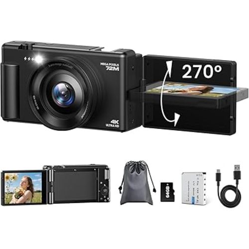 4K Digital Camera for Photography, 72MP Autofocus Vlogging Cameras for YouTube with 64GB SD Card and Battery, 18X Digital Zoom 2.8" 270° Flip Screen Compact Travel Camera for Teens