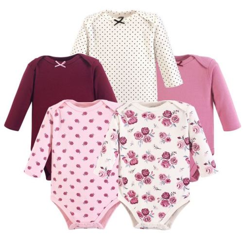 Hudson Baby Infant Girl Cotton Long-sleeve Bodysuits 5pk, Rose, 3-6 Months