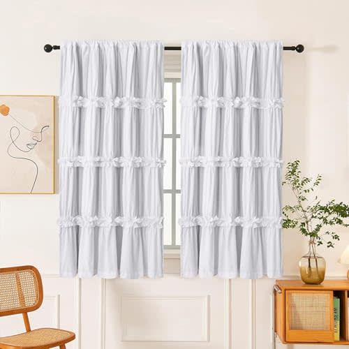 Homechoice Decor Thermal Insulated Blackout Window Curtains, 42" W x 63" L (Pair), Boho Ruched Window Treatments with 3 Rows of Butterfly Flowers, Rustic Rod Pocket Drapes for Room, White (LQ-30)