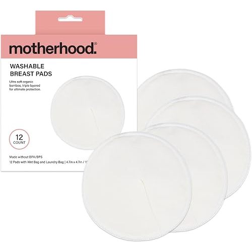 Motherhood Collection Washable Nursing Pads – Reusable Bamboo Breast Pads for Breastfeeding, Leak Proof & Ultra Absorbent, Soft & Discreet, Includes Wet/Dry Bag & Laundry Bag, 12 Pack
