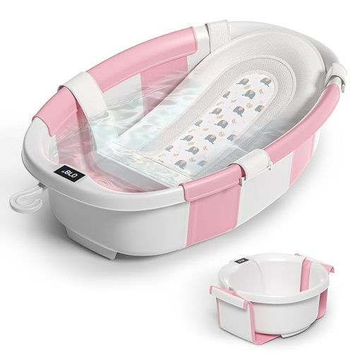 Collapsible Baby Bathtub for Newborn to Toddler 0-36 Months,Spacious Foldable Infant Bath Tub with Thermometer,Cushion & Drain Hole,Portable Travel Tub, Baby Shower Gift Pink