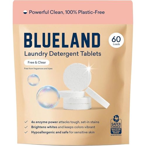 BLUELAND Laundry Detergent Tablets, 60 Count, Plastic-Free Eco-Friendly Pods, Sheets, Liquid Alternative - Fragrance Free and Clear, Natural, Gentle