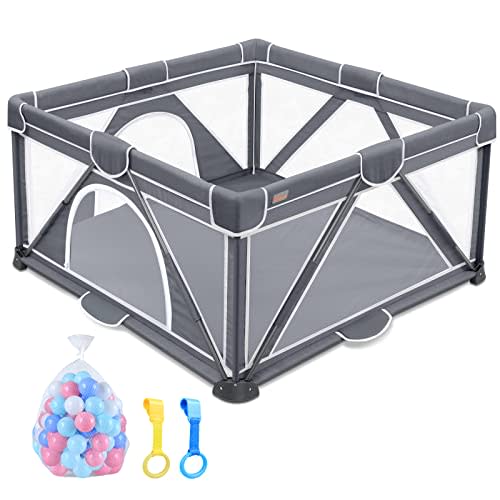 Foldable Baby Playpen, Yobear Playpen for Babies and Toddlers with 50 PCS Ocean Balls & 2 Handles, Indoor & Outdoor Kids Safety Play Pen Area, Portable Travel Play Yard (Black, 50" × 50")