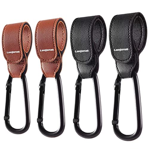 Longomat （4-Pack） Baby Stroller Hooks Clip or Hanging Diaper Bag Universal Hooks Accessories for Stroller and Car or Shopping Cart (Black and Brown)