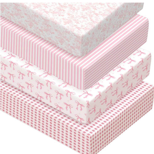 Peryiter 4 Pack Crib Sheets Girl Soft Baby Bed Sheet Set 52'' x 28" Pink Plaid Nursery Crib Sheets for Standard Bed for Nursery Decor Baby Boys or Girls(Coqette Bow)