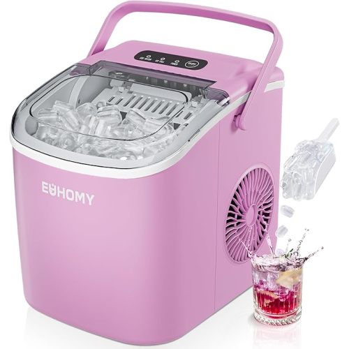 EUHOMY Countertop Ice Maker Machine with Handle, 26lbs in 24Hrs, 9 Ice Cubes Ready in 6 Mins, Auto-Cleaning Portable Ice Maker with Basket and Scoop, for Home/Kitchen/Camping/RV. (Pink)