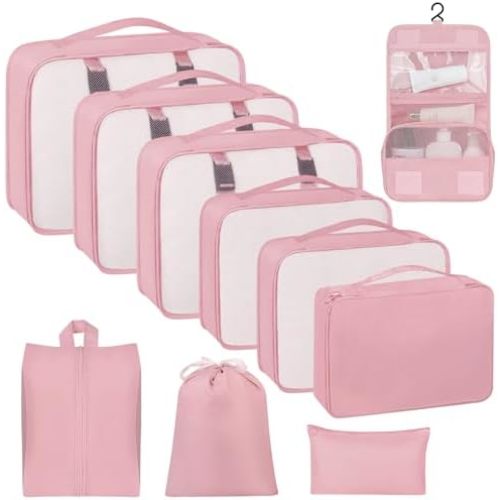 10 Set Packing Cubes for Travel, Luggage Organizer Bags with Hanging Toiletry Bag and Shoe Bag, Travel Packing Cubes for Carry on Suitcase Luggage Accessories Vacation Essentials (Black)