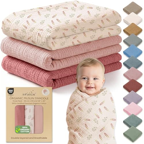 100% Organic Cotton Muslin Baby Blanket 3 Pack - Breathable Swaddle, Hypoallergenic Double-Layer, Versatile Use (Pink, Floral, Rust, 38x40 Inch)