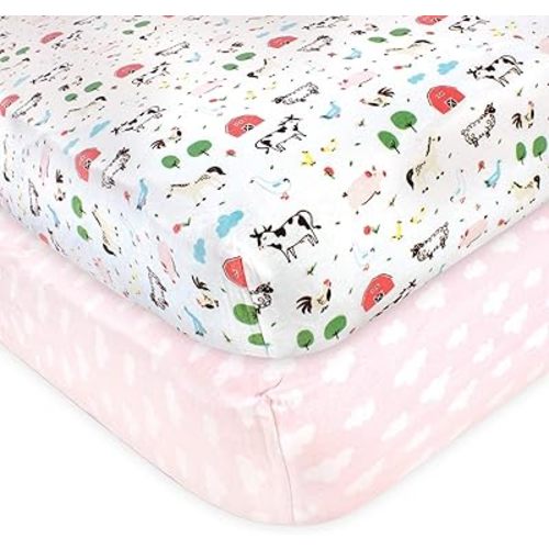 Hudson Baby Unisex Baby Cotton Fitted Crib Sheet, Girl Farm Animals, One Size