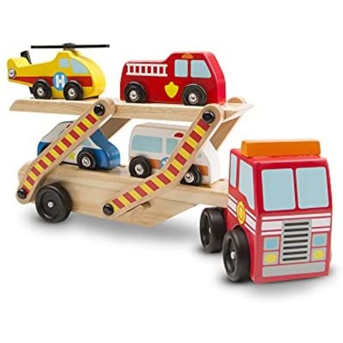 Melissa & Doug Wooden Emergency Vehicle Carrier Truck With 1 Truck and 4 Rescue Vehicles