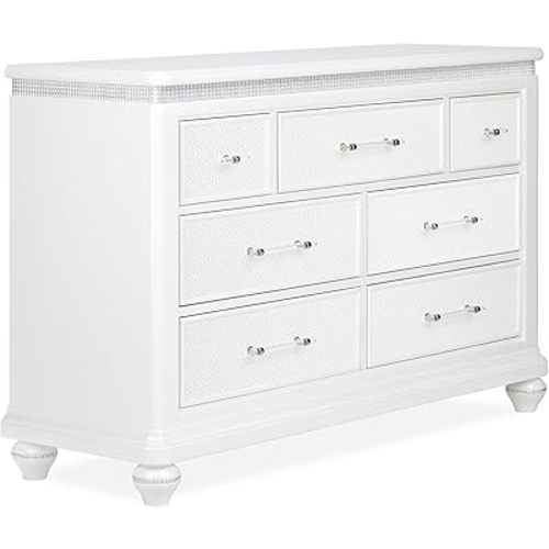Evolur Nova Double Dresser – 7 Drawer Solid Wood Nursery & Bedroom Storage Organizer, Stardust Finish with Crystal Accents, ASTM Certified