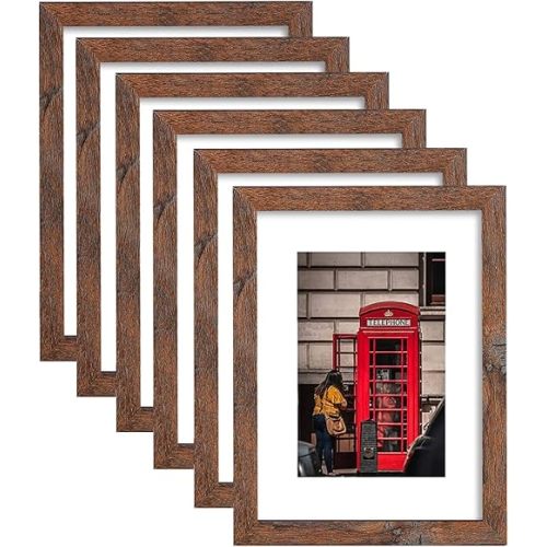 8x10 Picture Frame Set of 6, Display Pictures 5x7 with Mat or 8x10 Without Mat for Wall Mounting, Rustic Brown