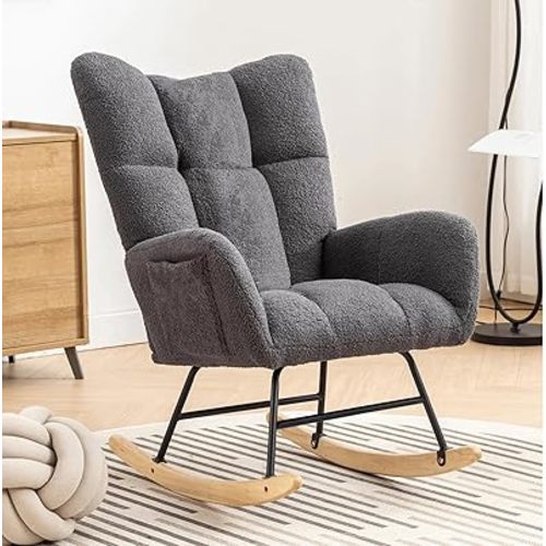 Nursery Rocking Chair Teddy Upholstered Glider Rocker Rocking Accent Chair with High Backrest Armchair Comfy Side Chair for Living Room, Bedroom, Offices (Gray)