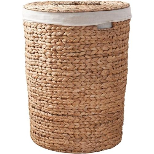 Round Woven Wicker Laundry Hamper with Lid - Large Water Hyacinth Storage Wicker (Natural Brown, 15"L x 15"L x 20"H)