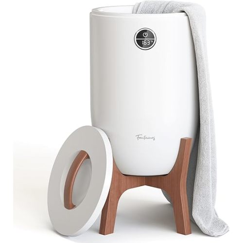 Fontaines Luxury Towel Warmer for Bathroom, Spa - Large Heated Thermal Bucket, Wood Handle, Safe Auto Shut Off, Fits Up to Two Large 40x70 Oversized Towels or Robes - White