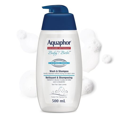 Aquaphor Baby Wash & Shampoo for Baby's Sensitive Skin, Hypoallergenic, Tear Free Baby Shampoo and Body Wash, Enriched with Provitamin B5, Fragrance Free, Recommended by U.S. Pediatricians, 500mL
