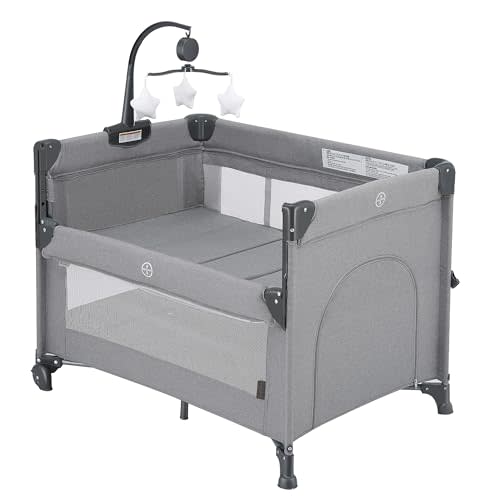 QUTANIX 2-in-1 Baby Playard, Pack and Play Bassinet, Easy Folding Portable Crib with Music Mobile for Newborn to Toddlers (Grey)