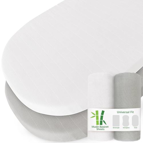 Muslin Bassinet Sheets for Boys and Girls 2 Pack, Ultra Soft Muslin Fitted Baby Bassinet Sheet for Standard Bassinet Mattress(16''×32''/17"x32"/20''x33''), Grey & White