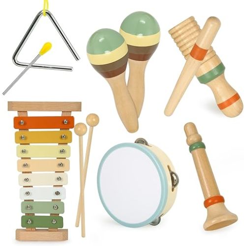 Musical Instruments Set Toys for Toddlers 1-3 - Neutral Colors Wooden Montessori Toys Percussion Music Modern Xylophone Drum Birthday Chirstmas Gifts for 1 2 3 Year Old Kids Baby Toddlers Boys Girls