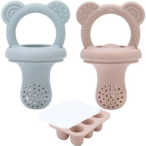 Ali+Oli (3-pc) Food & Fruit Feeder Pacifier (Mist-Taupe) with Freezer Tray Included, BPA-Free Food-Grade Silicone Fruit Pacifier Feeder, Infant & Toddler Teether Soother, Fruit Teethers for Babies