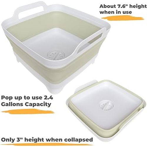 Collapsible Wash Basin for Baby Bottles - 2.4 Gallons Portable Wash Bin for RV Camping Sink, Space-Saving Dish Tub (Green)