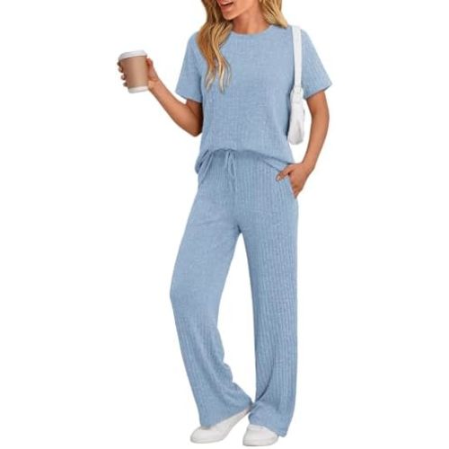 LILLUSORY 2 Piece Lounge Sets for Women Summer Vacation Outfits Fall Pajamas 2025 Matching Ribbed Casual Wide Leg Pants Sets
