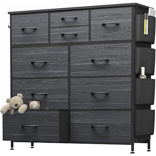 Dresser for Bedroom with 10 Drawers, Chest of Drawers with Side Pockets, Hooks, Wooden Top and Sturdy Metal Frame, Fabric Dresser Drawers for Living Room, Hallway (Black Wood Veins)