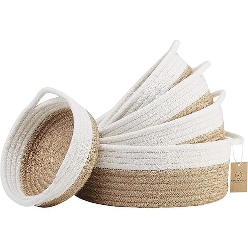 NaturalCozy 5-Piece Round Small Woven Baskets Set– Cotton Rope Baskets for Organizing! Montessori Toys, Fruits Remotes Key Tray Bowl for Entryway Desk, Shallow Catchall Home Décor, Cat Dog Bin Gift