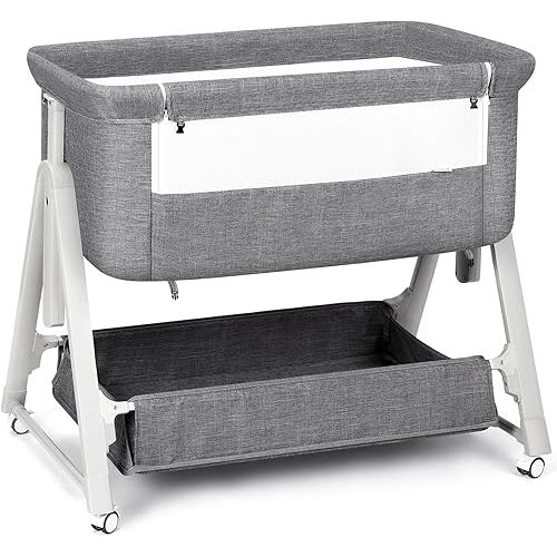 Cowiewie Bassinet Bedside Sleeper, Baby Bassinet with Adjustable Height & Angle XL Storage Bag & Breathable Mesh Bedside Bassinets for Baby, C-Section Friendly (Dark Gray