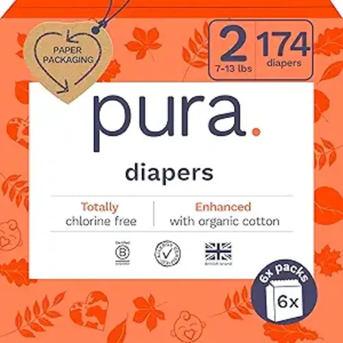 Pura Hypoallergenic Diapers Size 2 (7-13 lbs) Monthly Pack, Totally Chlorine Free, Wetness Indicator, Suitable for Sensitive Skin, Soft Organic Cotton Comfort, Overnight, 6 Packs of 29 (174 Diapers)