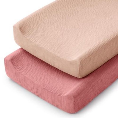 Comfy Cubs Muslin Fitted Changing Pad Cover - Soft, Breathable, Washable 100% Cotton for Comfort - Universal Fit (2 Pack, Dusty Rose and Blush)
