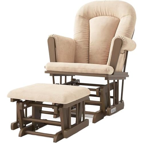 Child Craft Cozy Glider Rocker and Ottoman Set, Padded Cushion with Convenient Storage Pockets, Solid Wood Base & Frame (Cocoa Bean with Tan Cushion)