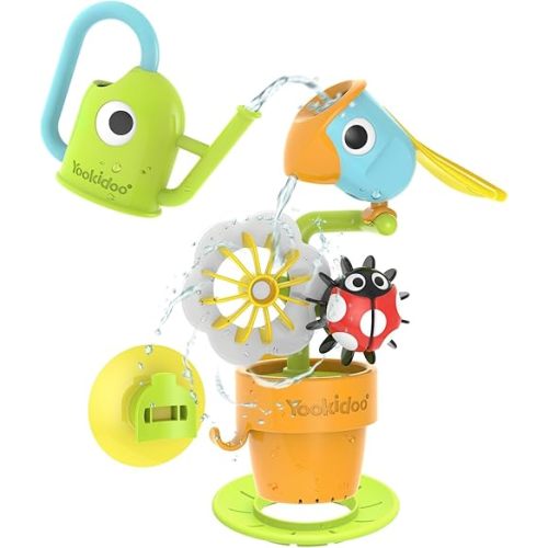 Yookidoo Watering Can Baby Bath Toy (Ages 1-3) Spinning Lady Bug & Tipping Bird Toy with 3 Moving Pieces (Mold Free) - Attaches to Tub Wall for Easy Toy Holder and Storage - for Toddler Bath Time