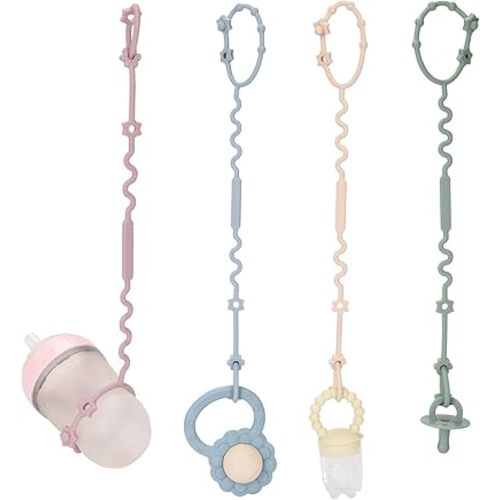 4 Pack Silicone Baby Bottle Harness Straps- Keep Bottles and Sippy Cups Off The Floor, Adjustable Sippy Cup Leash｜Toy Safety Straps for Stroller, High Chair, Crib, Bag(Sage/Ether/Cream/Lilac)