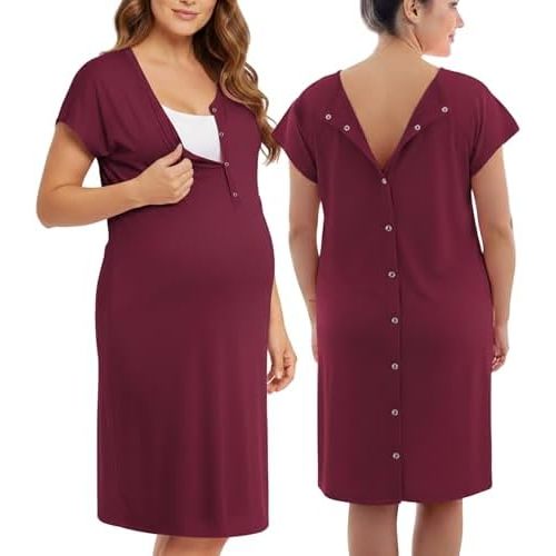 PATPAT Maternity Labor and Delivery Gown, 3 in 1 Hospital Nursing Nightgown with Easy Snaps, Skin-to-Skin Access & Pockets