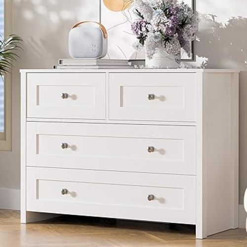 SunsGrove White Dresser for Bedroom with 4 Drawers, Modern Chest of Drawers with Wide Drawers, Wood Dresser for Hallway, Living Room, Closet