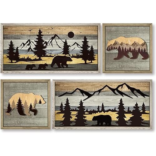 Wesiti 4 Pcs Bear Wall Art Rustic 3D Cabin Wall Decor Christmas Decorative Forest Mountain Woodland Bear Pictures Farmhouse Decor Country House Animal Wildlife Pictures Hunting Art for Home